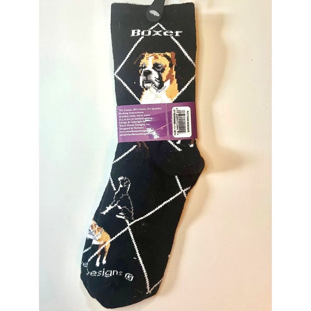 🆕 [Wheelhouse Designs] Black Boxer Print Crew 🧦 Socks Sz: Adult 9-11 🐶